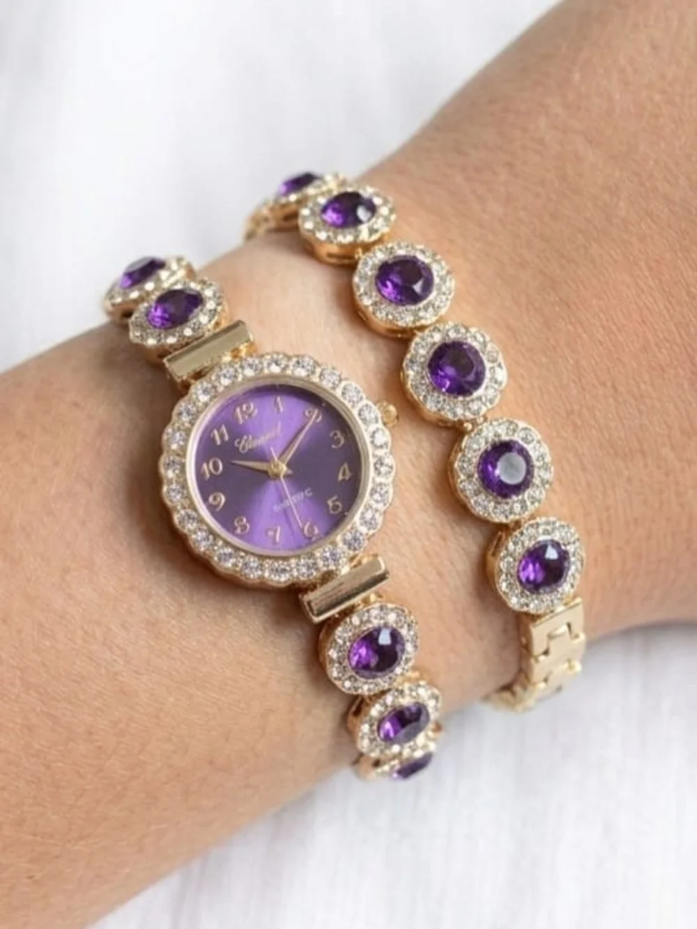 Gold-Tone Purple Crystal Women's Watch and Bracelet Set